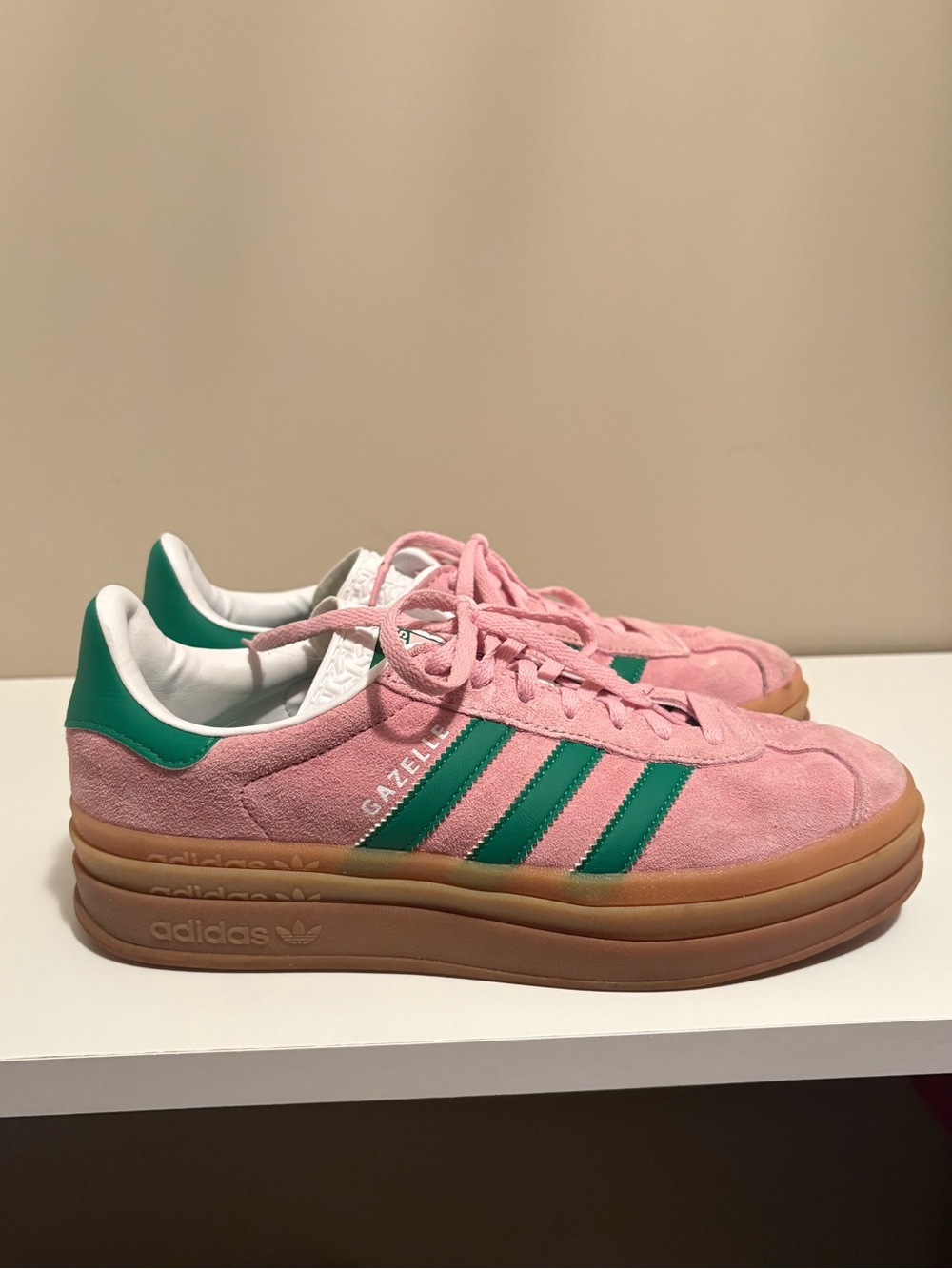 adidas Gazelle Platform Sneakers in Pink with Green Stripes